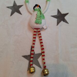 Russ Berrie and Co Dangle Leg Snowman with Bells and Stars Christmas‎ Decor